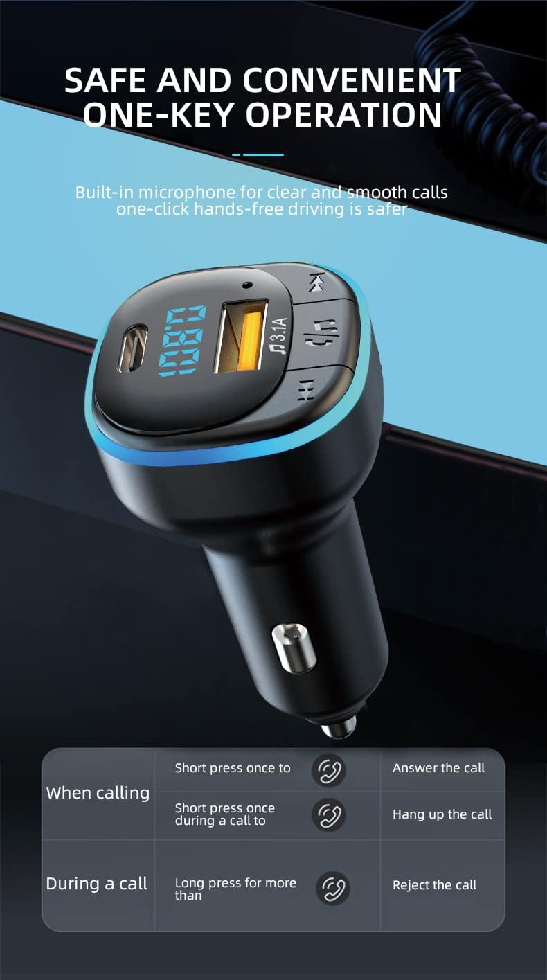 OHITEC Bluetooth 5.0 FM Transmitter for Car, Hands Free Calling, Built-in Over-Current Protection, 5V/3.1A Quick Charger & Blue Colors LED Backlit Car Radio Bluetooth Adapter, Support USB Disk - Image 5